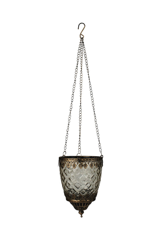 Diamond Grid Smoke Glass Hanging Lantern - 13" Chain