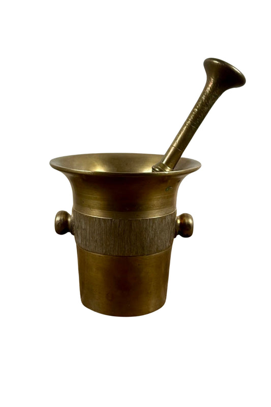 Vintage Brass Mortar and Pestle with Etched Band Design
