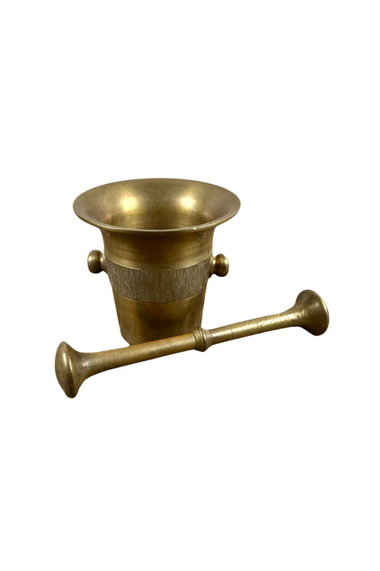 Vintage Brass Mortar and Pestle with Etched Band Design
